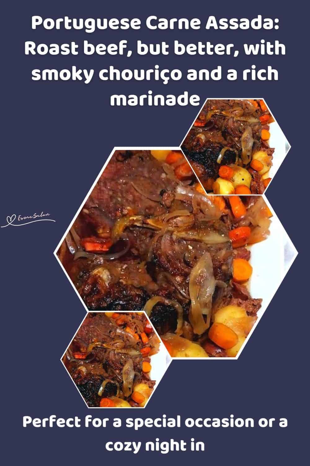 an image of Portuguese Carne Assada (Roast Beef) with veggies on the side