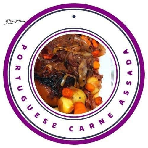 an image of Portuguese Carne Assada (Roast Beef) with veggies on the side