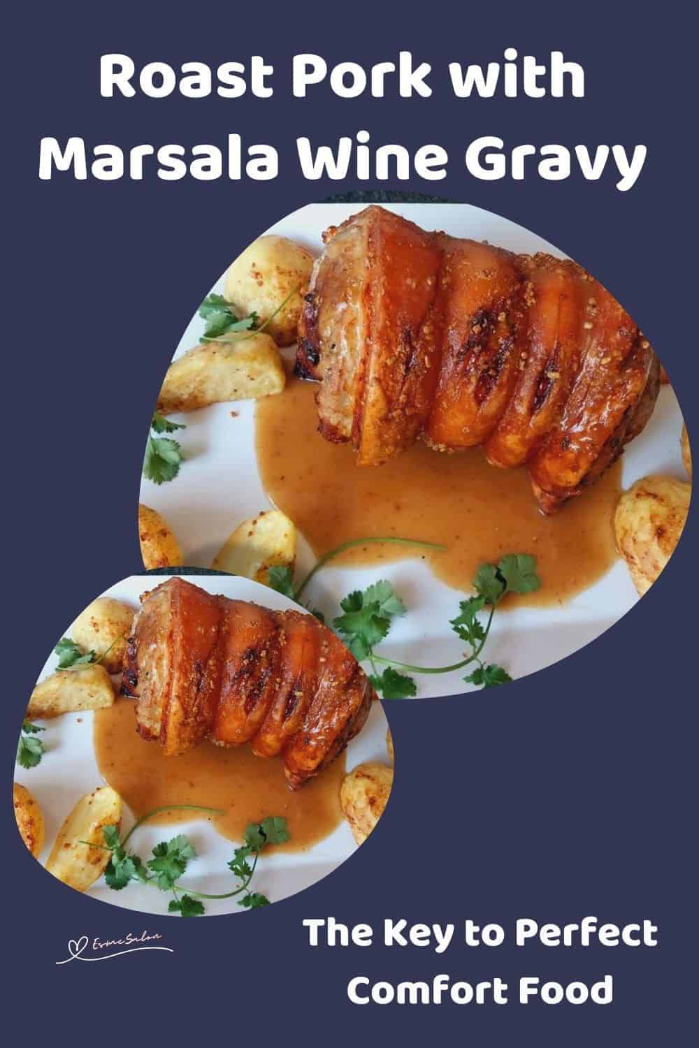 an image of Roast Pork with Marsala Wine Gravy with roasted poratoes on the side