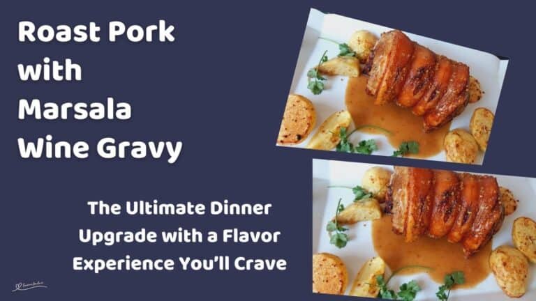 an image of Roast Pork with Marsala Wine Gravy with roasted poratoes on the side