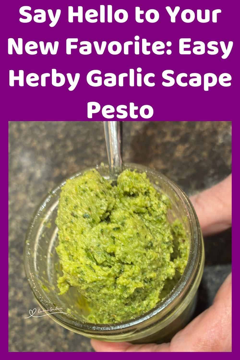 an image of a Consol jar filled with Easy Herby Garlic Scape Pesto