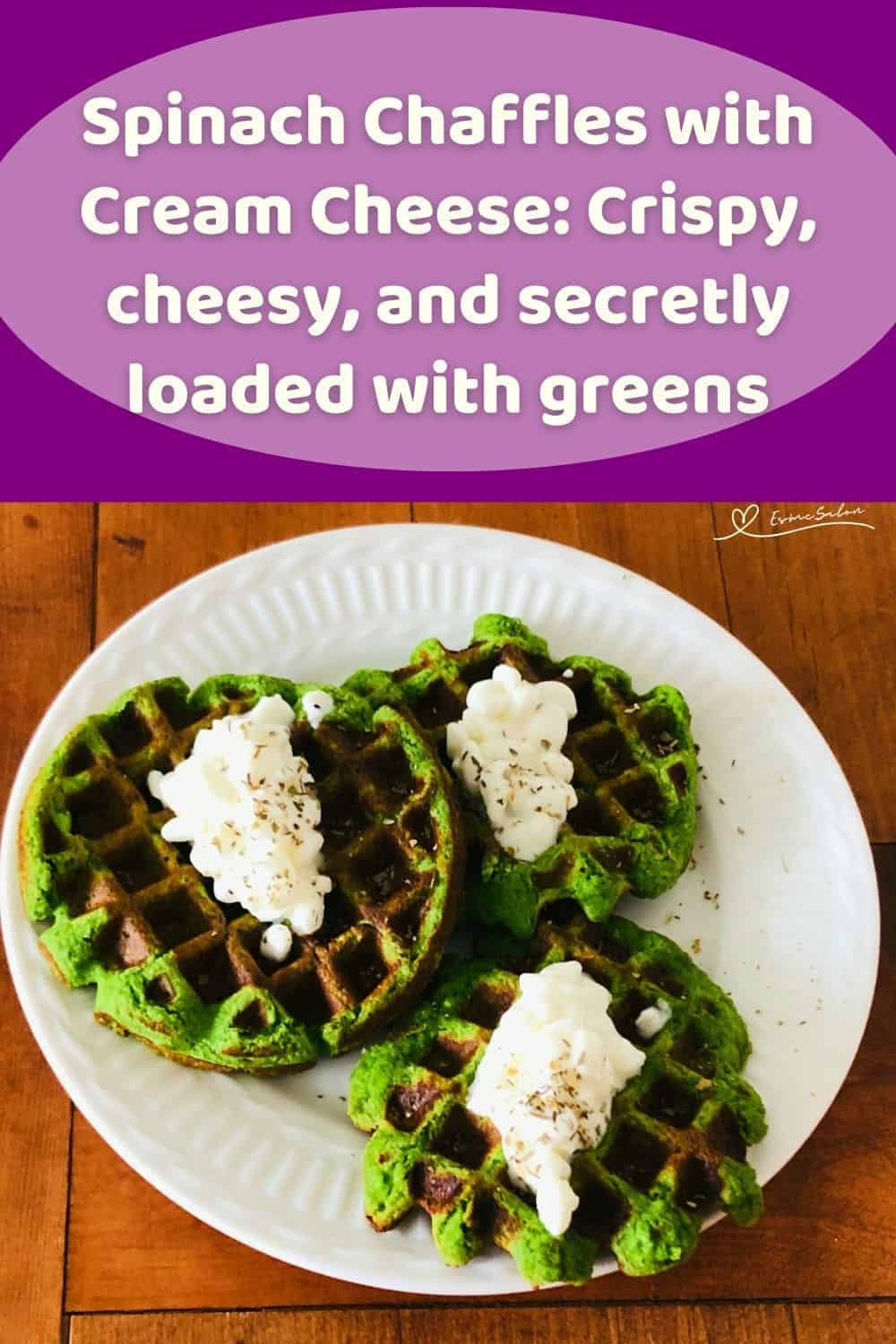 an image of Spinach Chaffles with Cream Cheese with a dollop of cream cheese