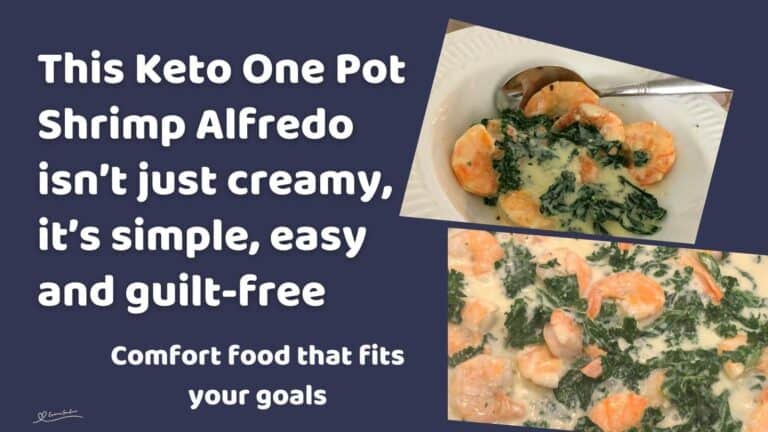an image of a white plate and silver spoon with Keto One Pot Shrimp Alfredo dish