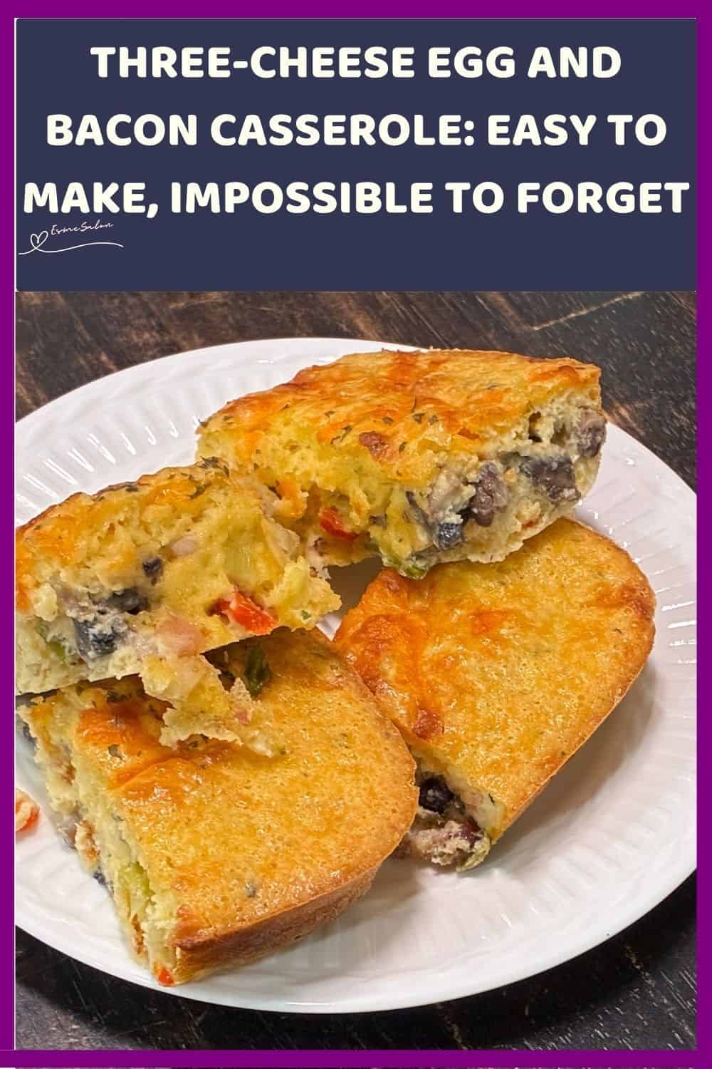 an image of 4 blocks of Three Cheese Egg and Bacon Breakfast Casserole served on a white plate