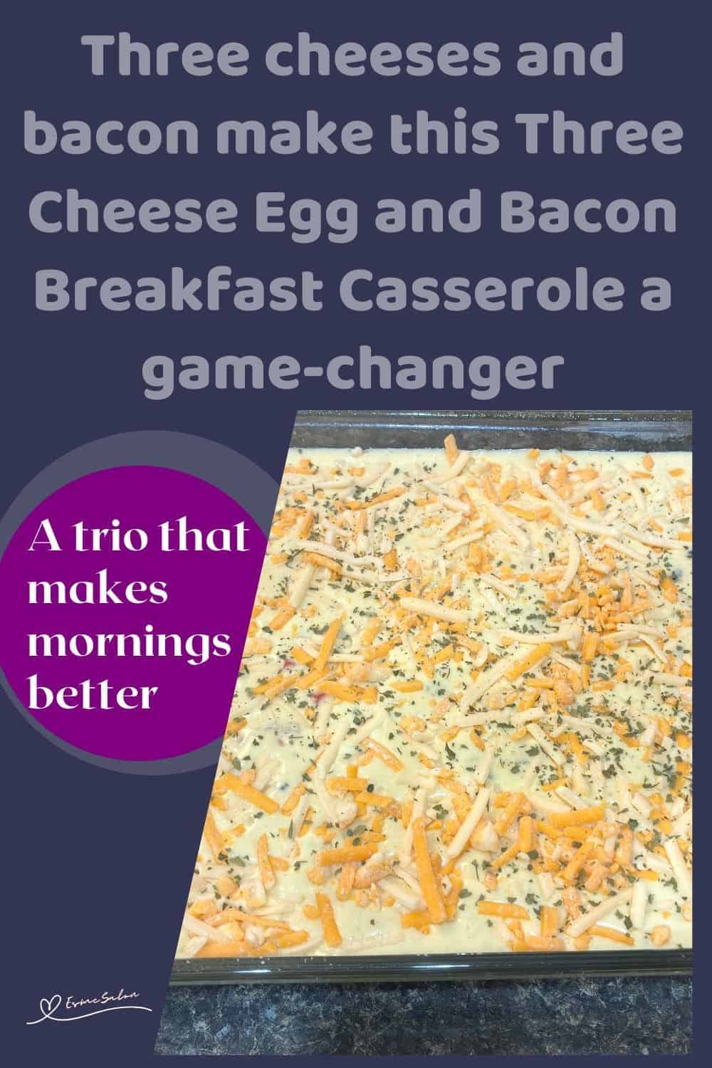 an image of 4 blocks of Three Cheese Egg and Bacon Breakfast Casserole served on a white plate