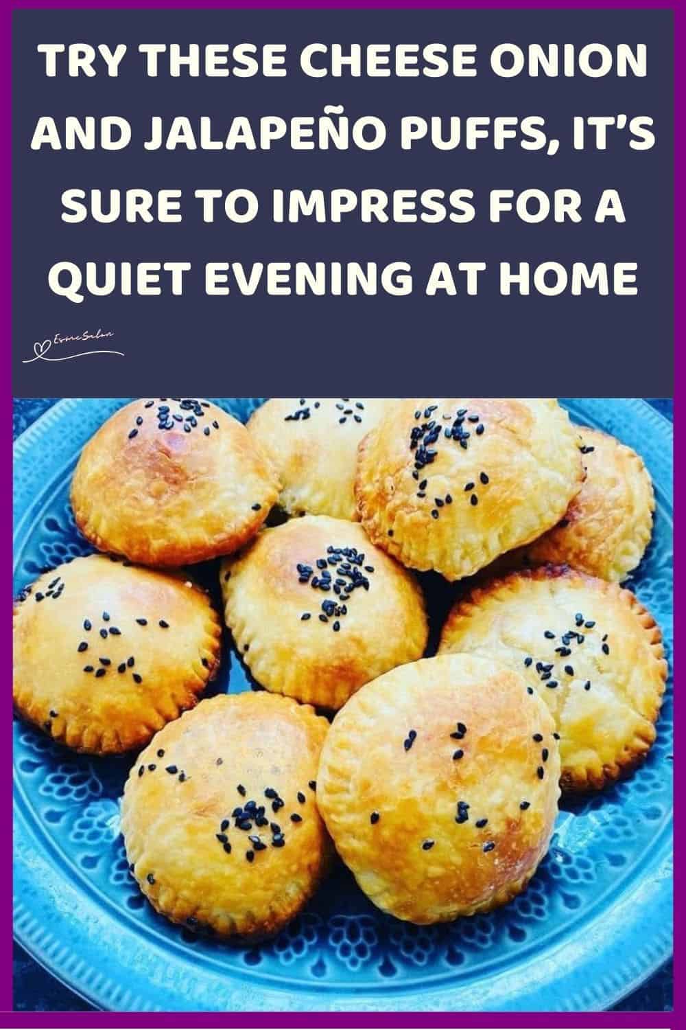 an image of Cheese Onion and Jalapeño Puffs served on a blue plate and sprinkled with black poppy seeds