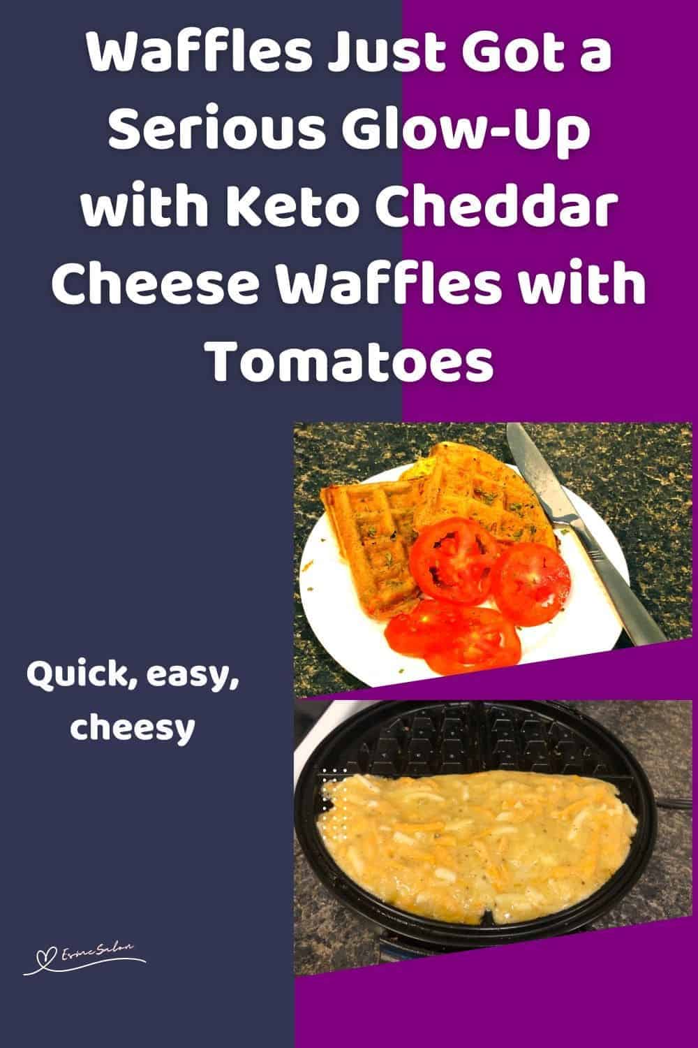 an image of Keto Cheddar Cheese Waffles with Tomatoes on a white plate and on the waffle griddle