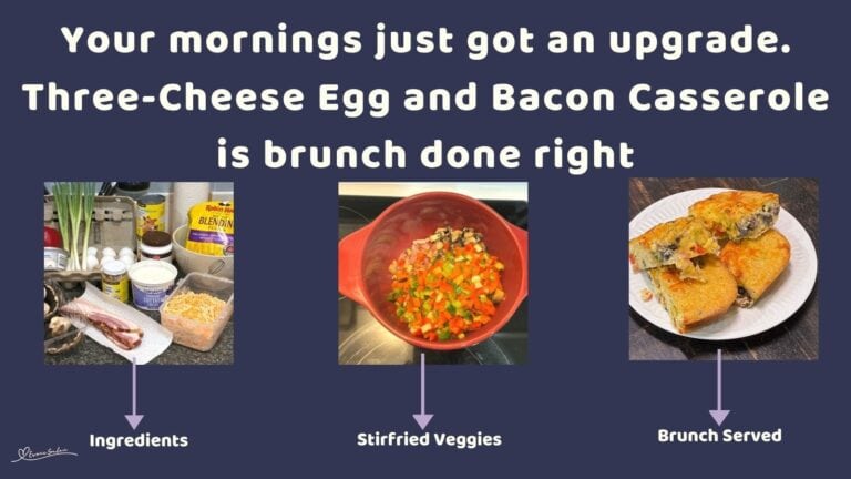 an image of 4 blocks of Three Cheese Egg and Bacon Breakfast Casserole served on a white plate