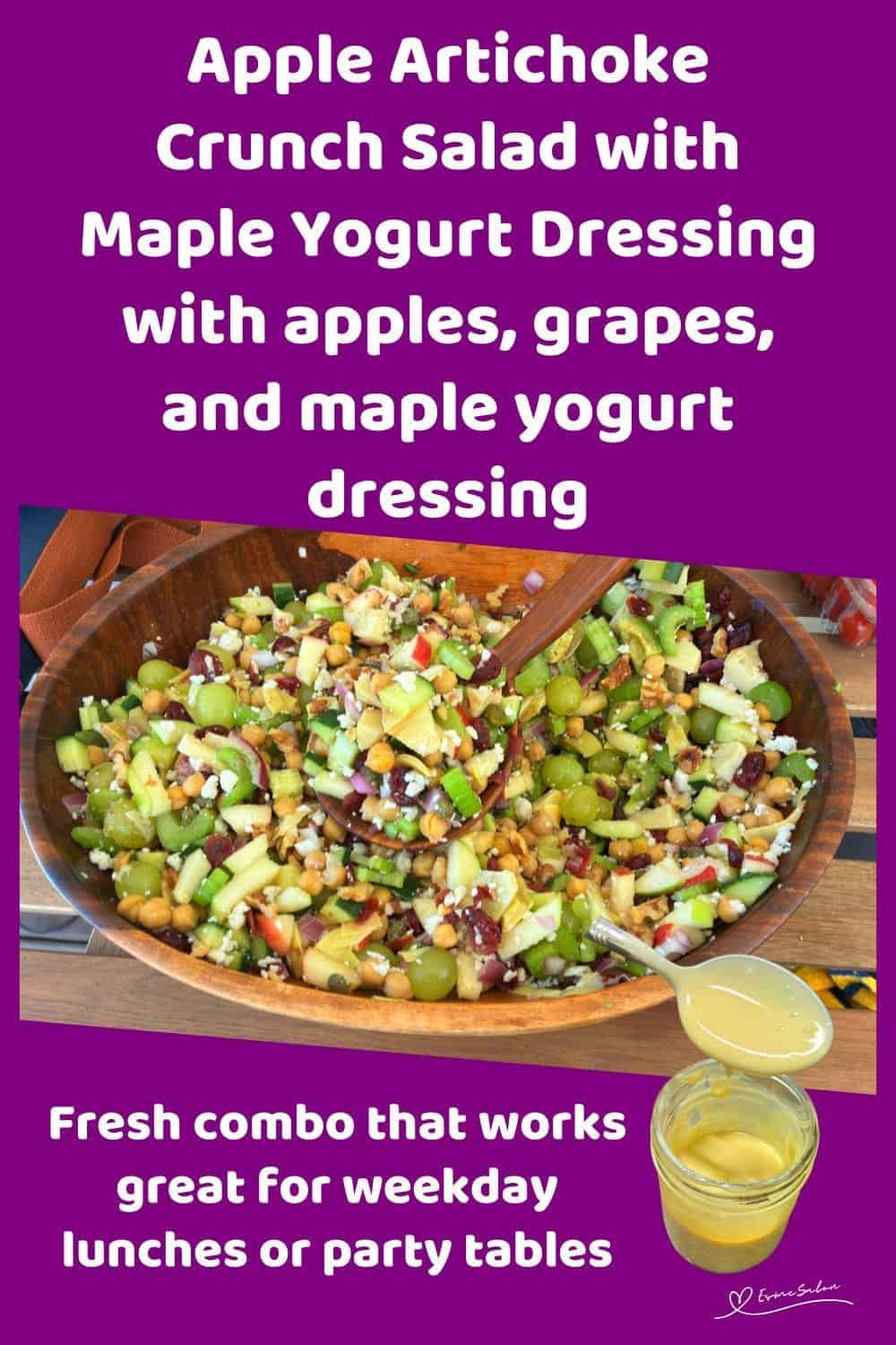 an image of a wooden bowl with Apple Artichoke Crunch Salad with Maple Yogurt on the side