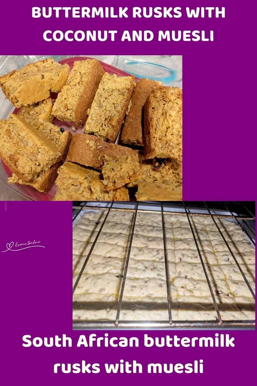 an image of Buttermilk Rusks with Muesli and Coconut ready to be baked and also baked and dried out