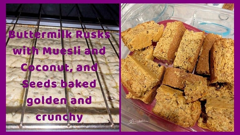 an image of Buttermilk Rusks with Muesli and Coconut ready to be baked and also baked and dried out