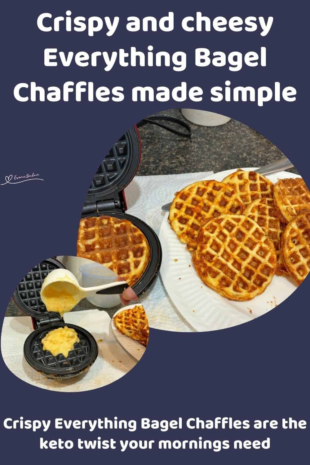 an image of Cheddar and Egg Everything Bagel Chaffles in the making and served on a white plate