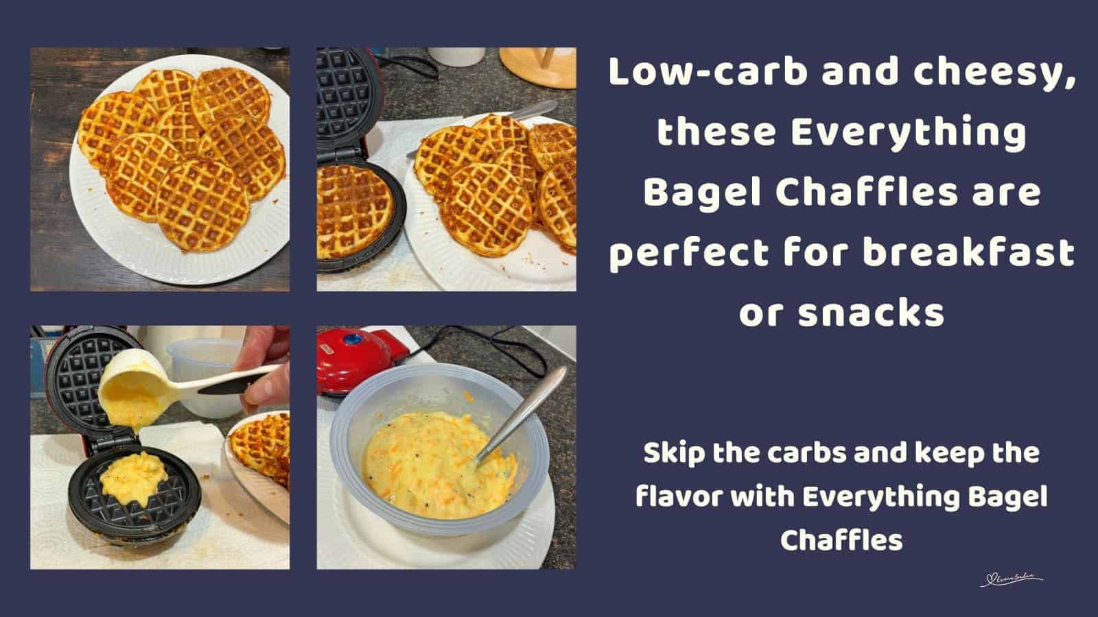 an image of Cheddar and Egg Everything Bagel Chaffles in the making and served on a white plate