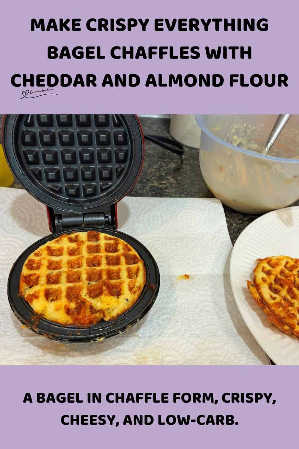 an image of Cheddar and Egg Everything Bagel Chaffles in the making and served on a white plate