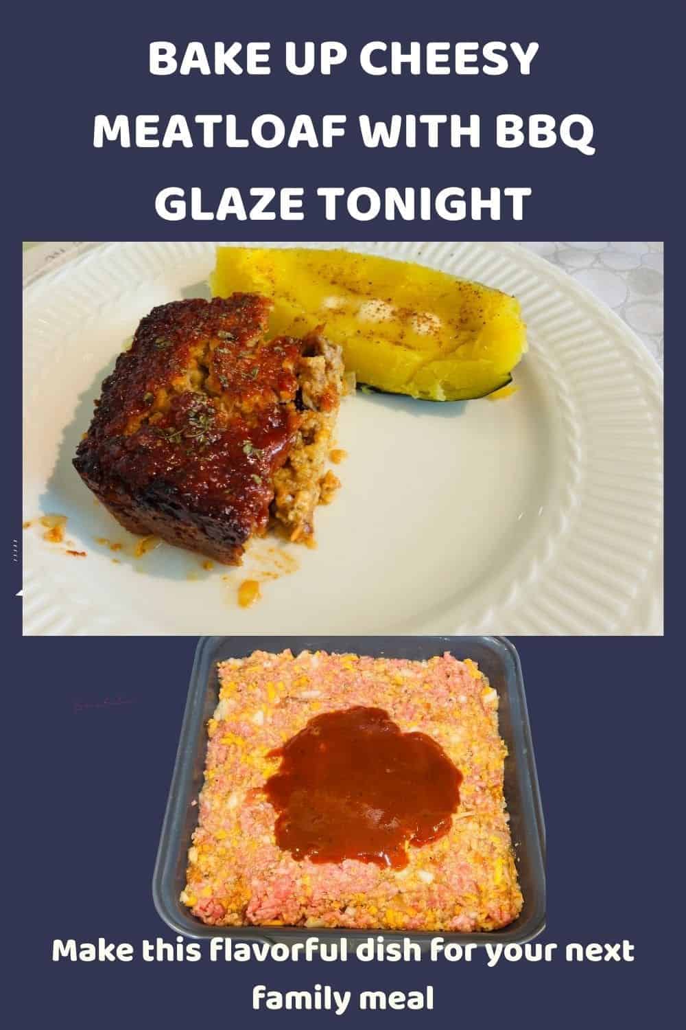 an image of Cheesy Meatloaf with BBQ Glaze served with acorn squash