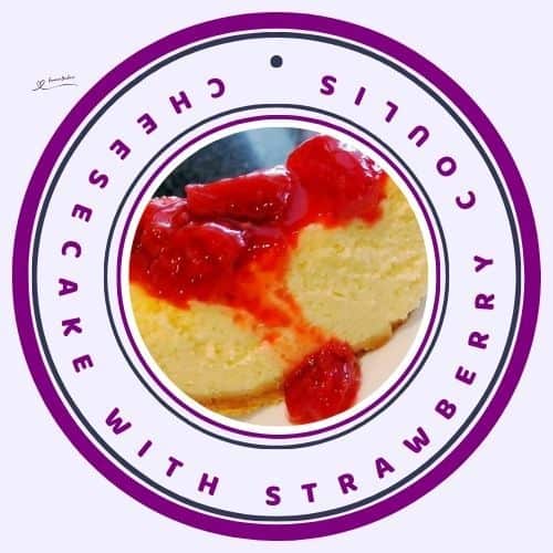 an image of a slice of Baked Cheesecake with Strawberry Coulis