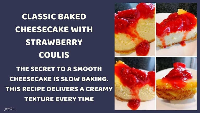 an image of a slice of Baked Cheesecake with Strawberry Coulis