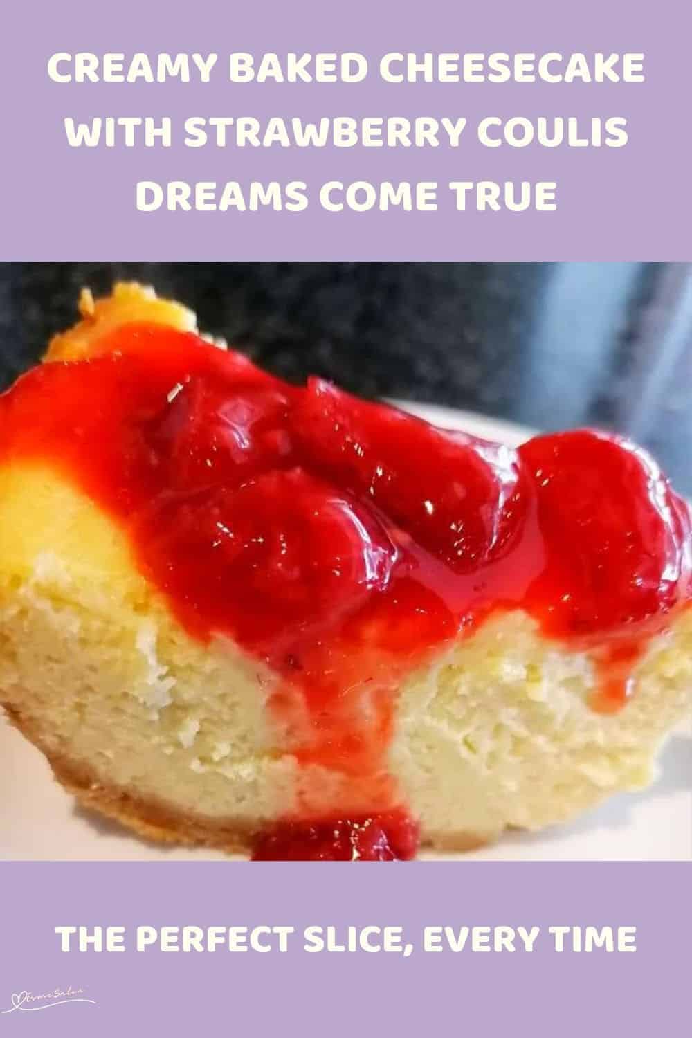 an image of a slice of Baked Cheesecake with Strawberry Coulis