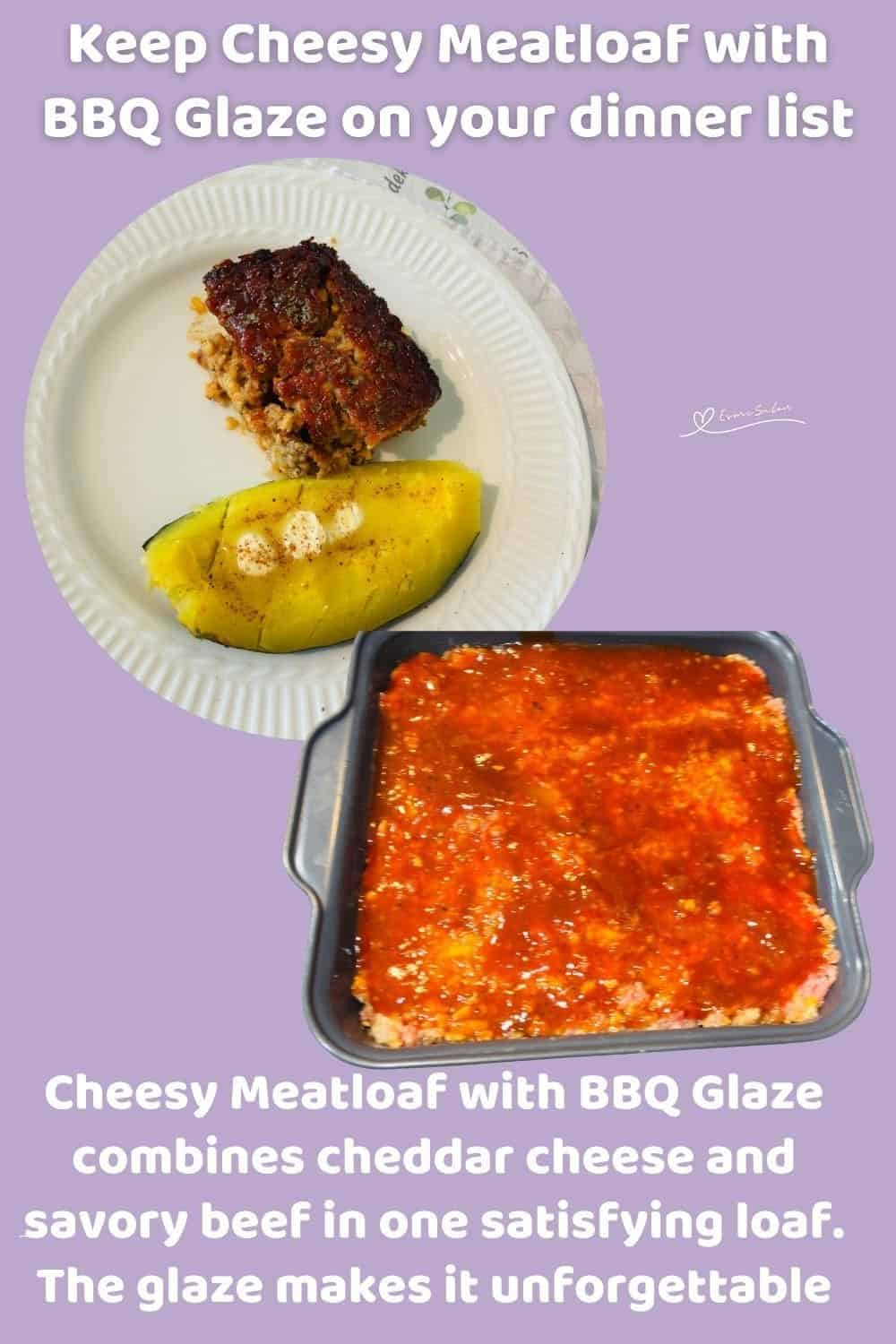 an image of Cheesy Meatloaf with BBQ Glaze served with acorn squash
