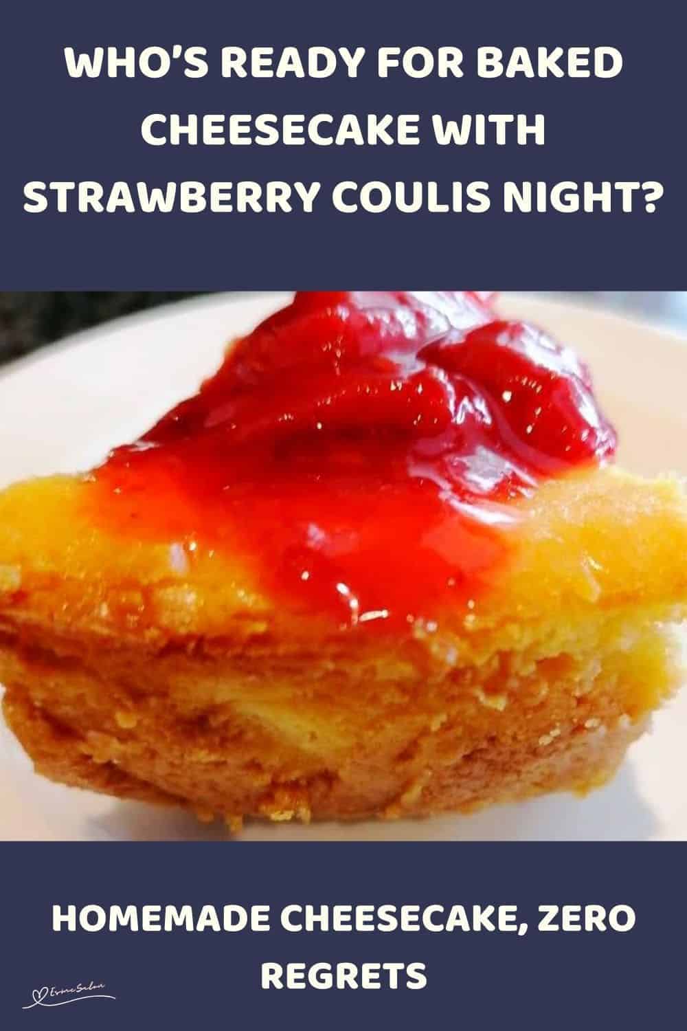 an image of a slice of Baked Cheesecake with Strawberry Coulis