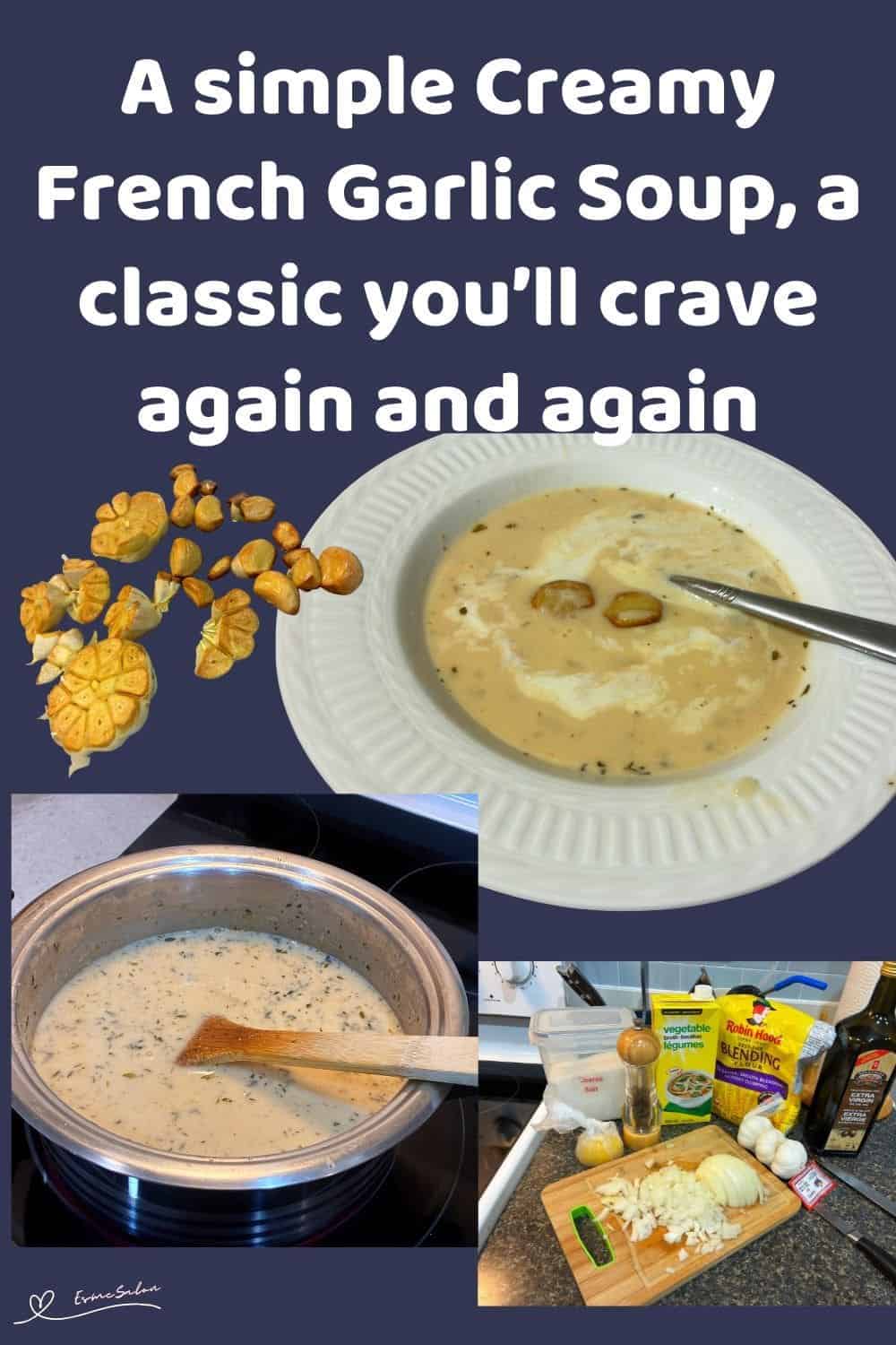 an image of a white soup bowl filled with Creamy French Garlic Soup