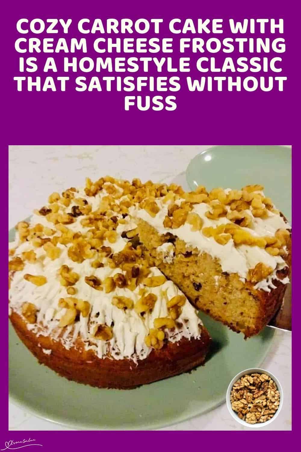 an image of a Cozy Carrot Cake with walnuts and cream cheese topping