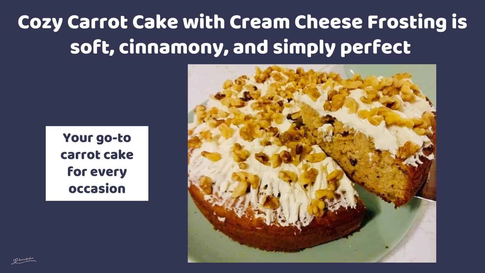 an image of a Cozy Carrot Cake with walnuts and cream cheese topping