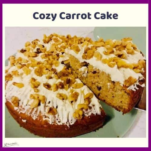 an image of a Cozy Carrot Cake with walnuts and cream cheese topping