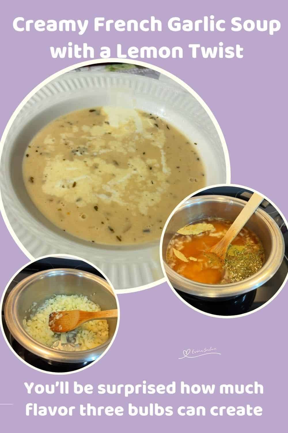 an image of a white soup bowl filled with Creamy French Garlic Soup