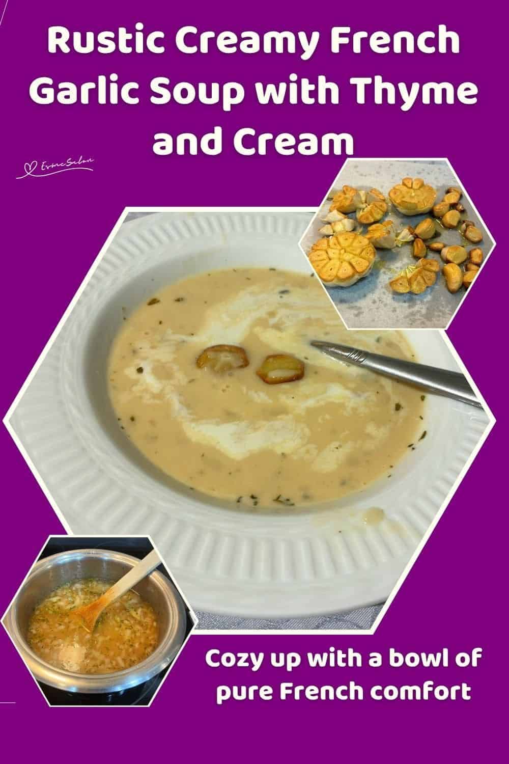 an image of a white soup bowl filled with Creamy French Garlic Soup