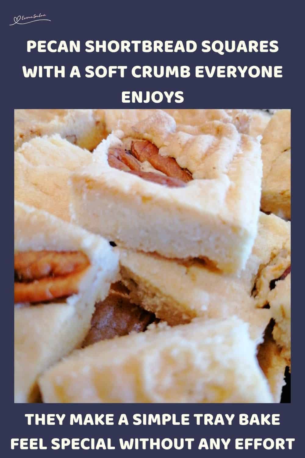 an image of Pecan Shortbread Squares studded with a pecan half