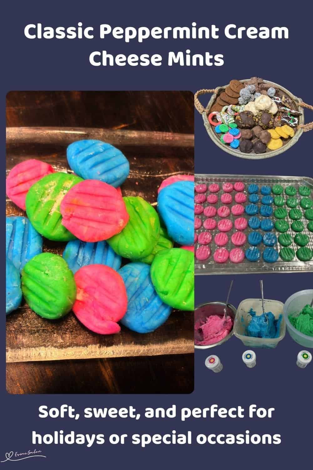 an image of blue, green and pink Peppermint Cream Cheese Mints