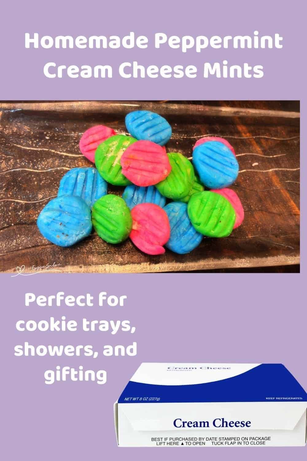an image of blue, green and pink Peppermint Cream Cheese Mints