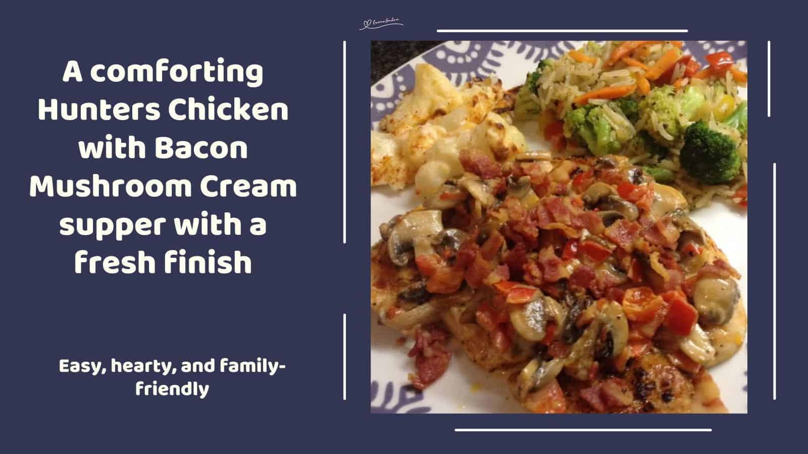 An image of a plate of Hunters Chicken with Bacon Mushroom Cream served with green veggies as well as a side of fresh fruit salad