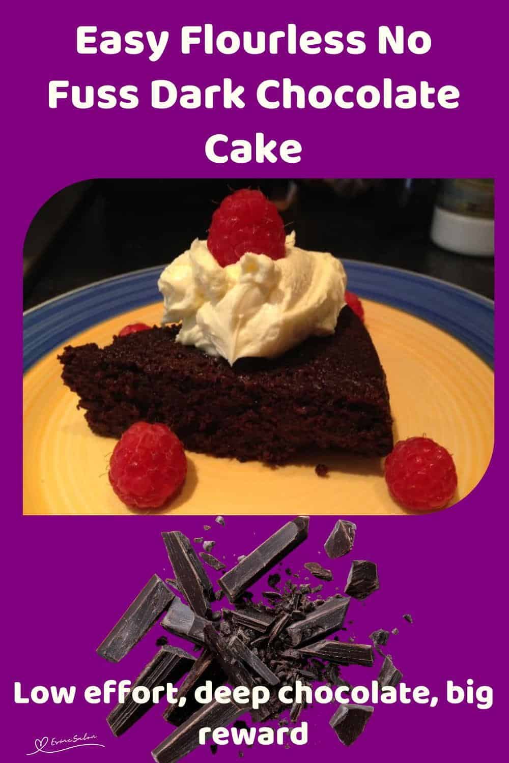 An image of a No Fuss Dark Chocolate Cake with a small dollop of cream and a few raspberries