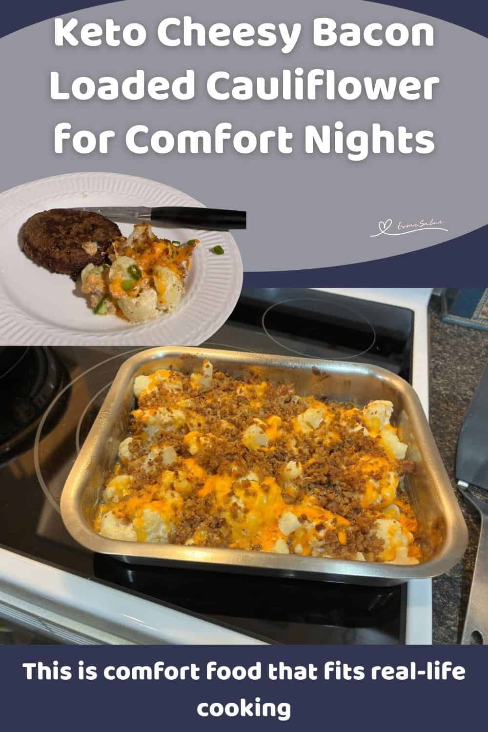 An image of a stainless dish with Keto Cheesy Bacon Loaded Cauliflower in the making