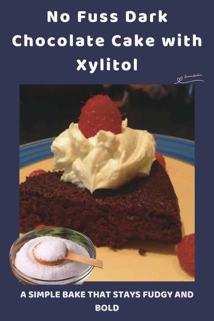 An image of a No Fuss Dark Chocolate Cake with a small dollop of cream and a few raspberries