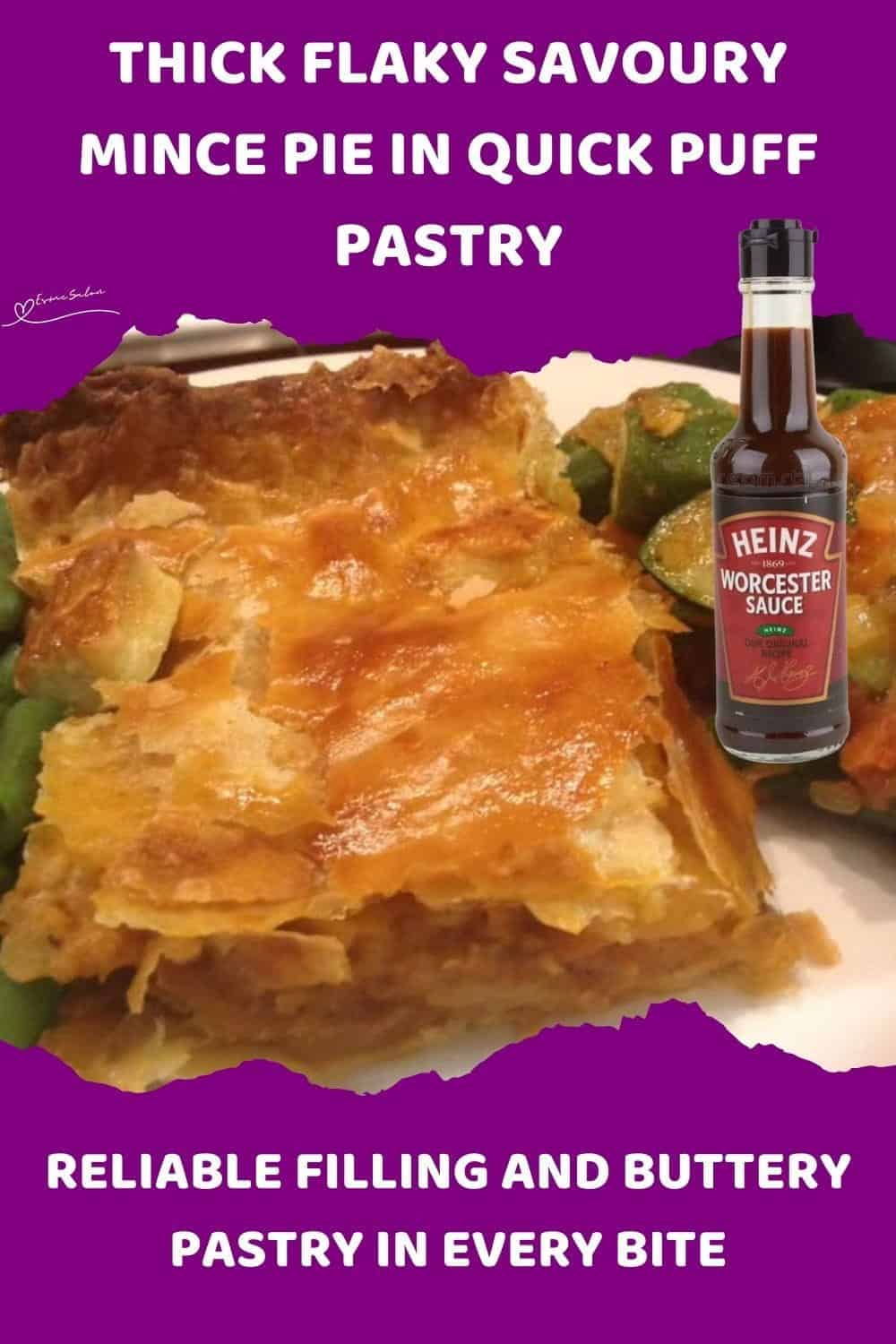 An image of Flaky Savoury Mince Pie with veggies on the side