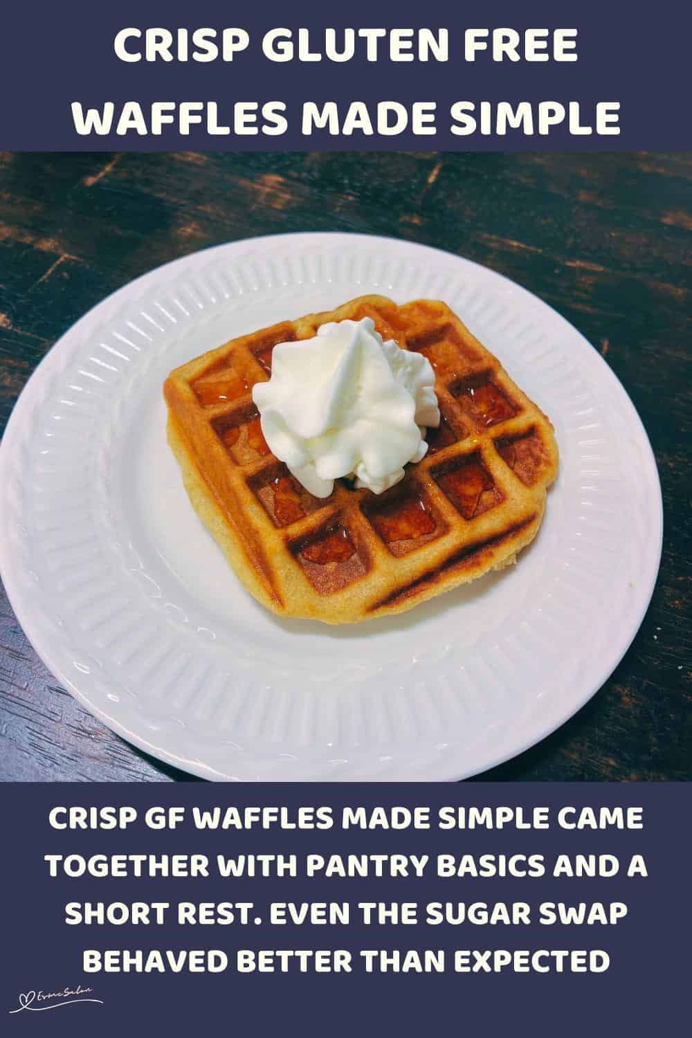 An image of Golden Gluten Free Waffles in the making and served with a splash of maple suryp and a dollop of cream