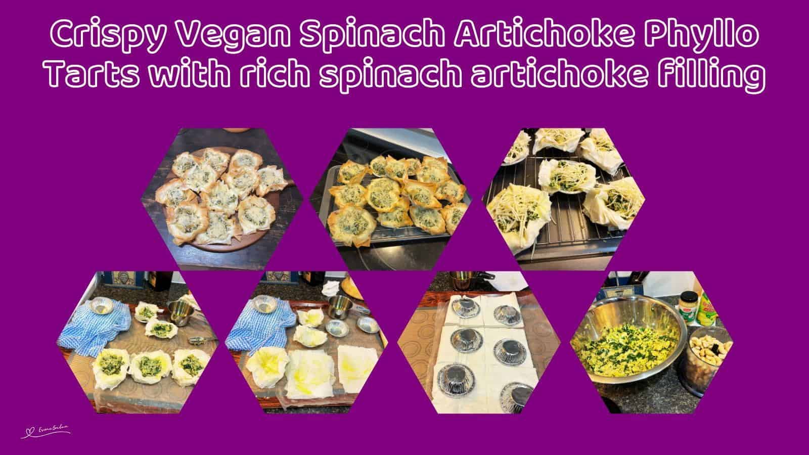 An image of Crispy Vegan Spinach Artichoke Phyllo Tarts in the making and fully baked