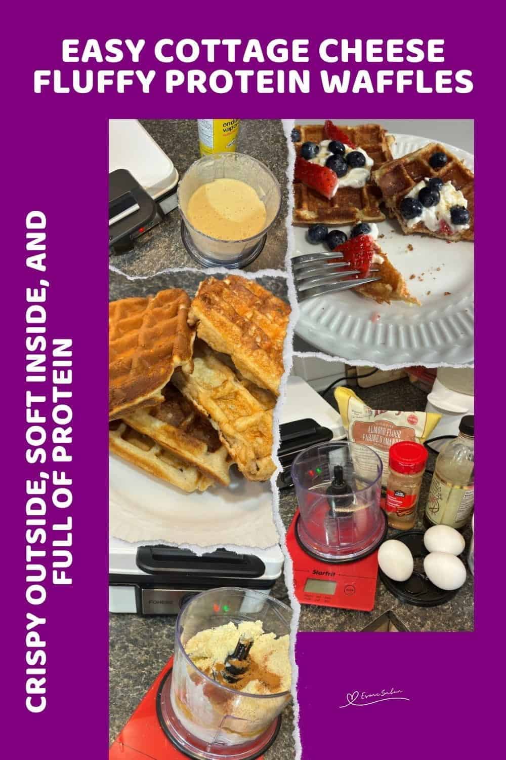 An image of Fluffy Protein Waffles with a dollop of cream, blue berries and strawberries