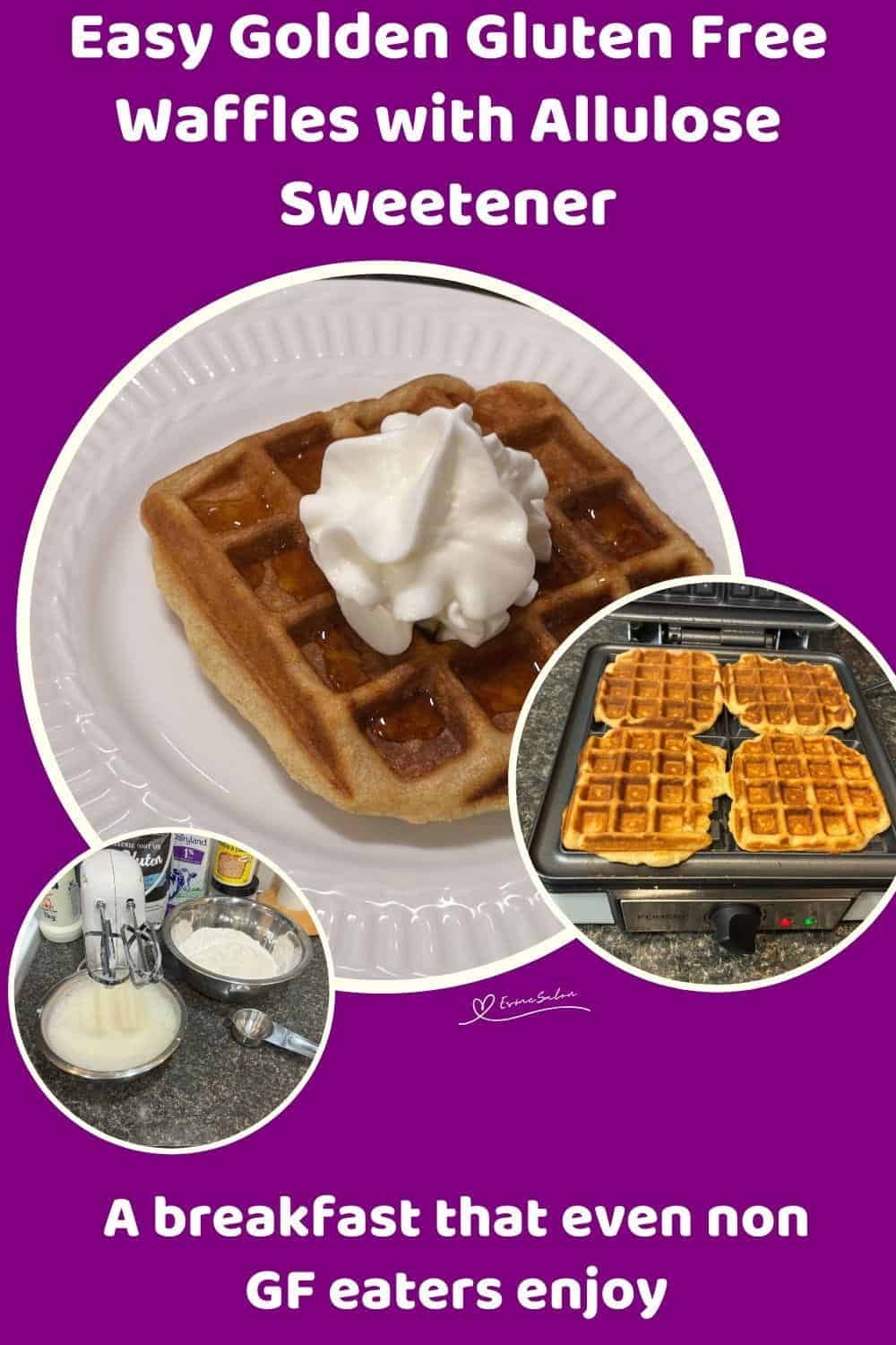 An image of Golden Gluten Free Waffles in the making and served with a splash of maple suryp and a dollop of cream