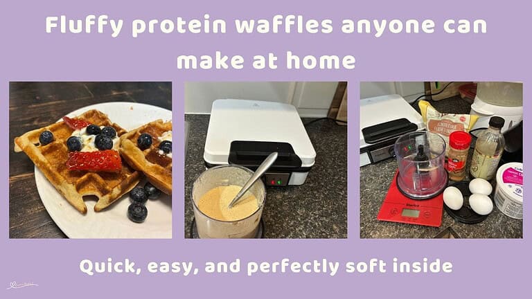 An image of Fluffy Protein Waffles with a dollop of cream, blue berries and strawberries