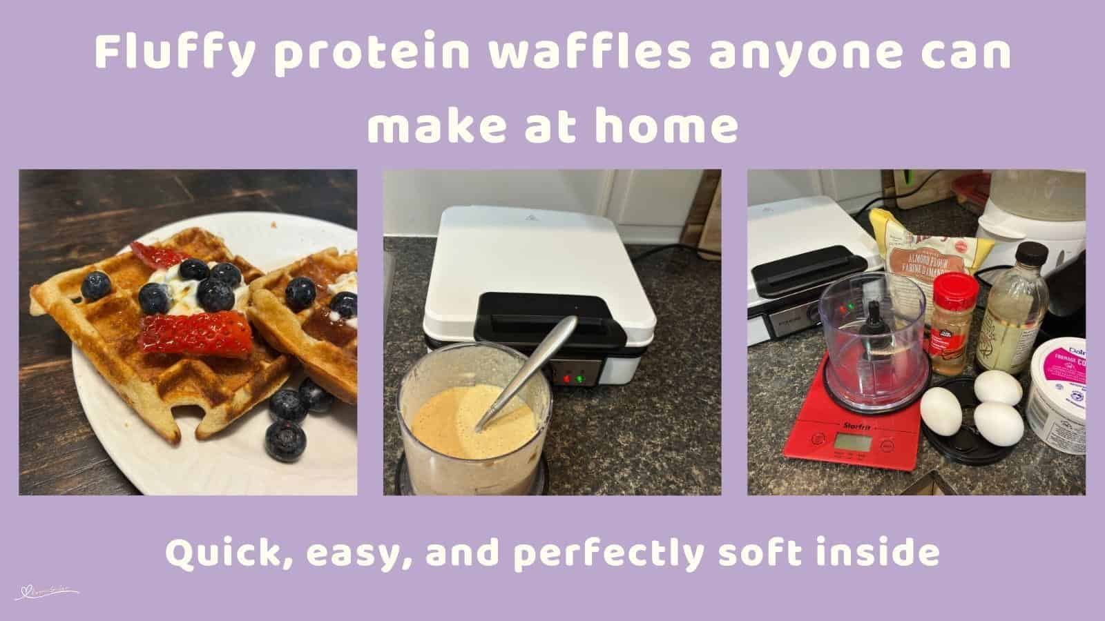 An image of Fluffy Protein Waffles with a dollop of cream, blue berries and strawberries