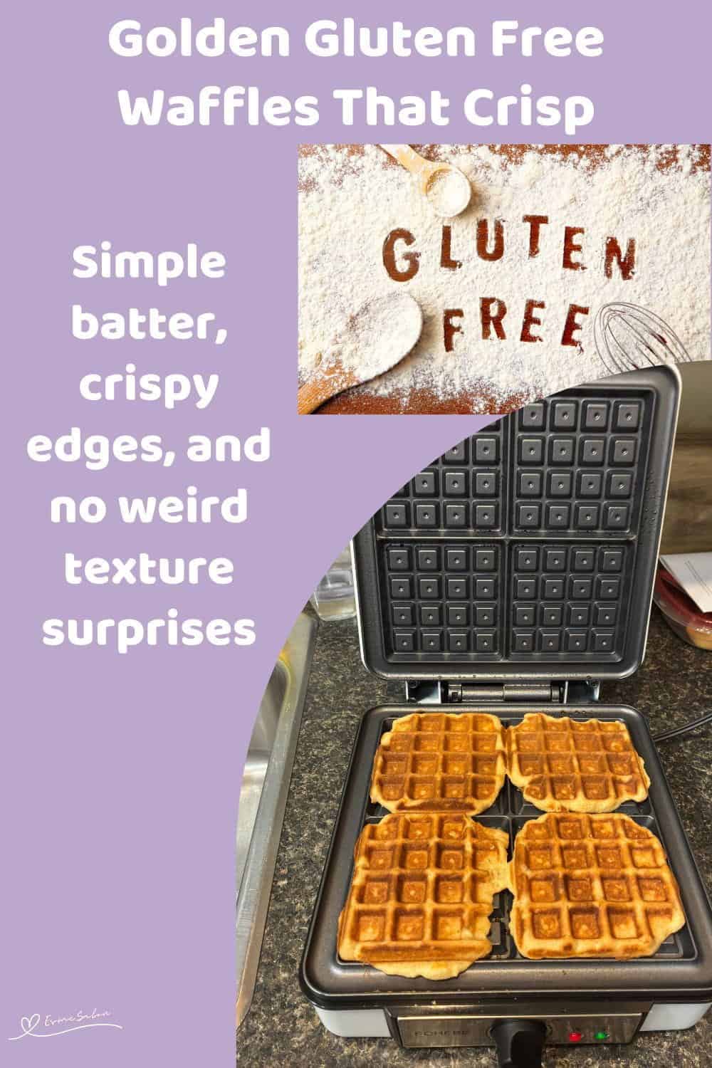 An image of Golden Gluten Free Waffles in the making and served with a splash of maple suryp and a dollop of cream