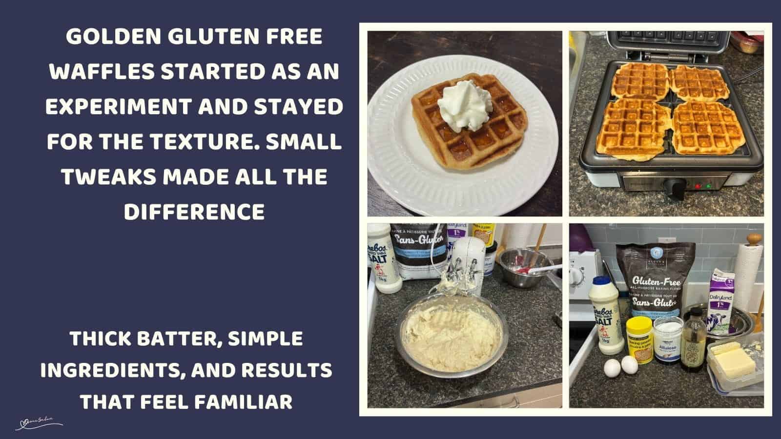 An image of Golden Gluten Free Waffles in the making and served with a splash of maple suryp and a dollop of cream