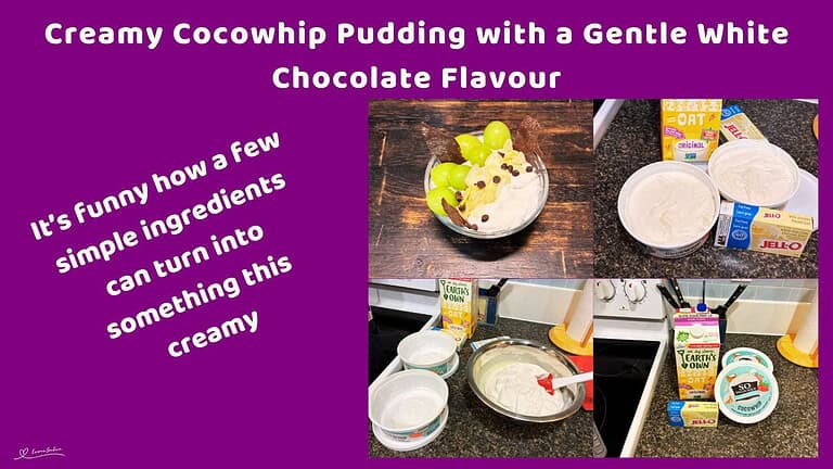 An image of a Creamy Cocowhip Pudding in a small bowl with grapes, slivered almonds and chocolate chips