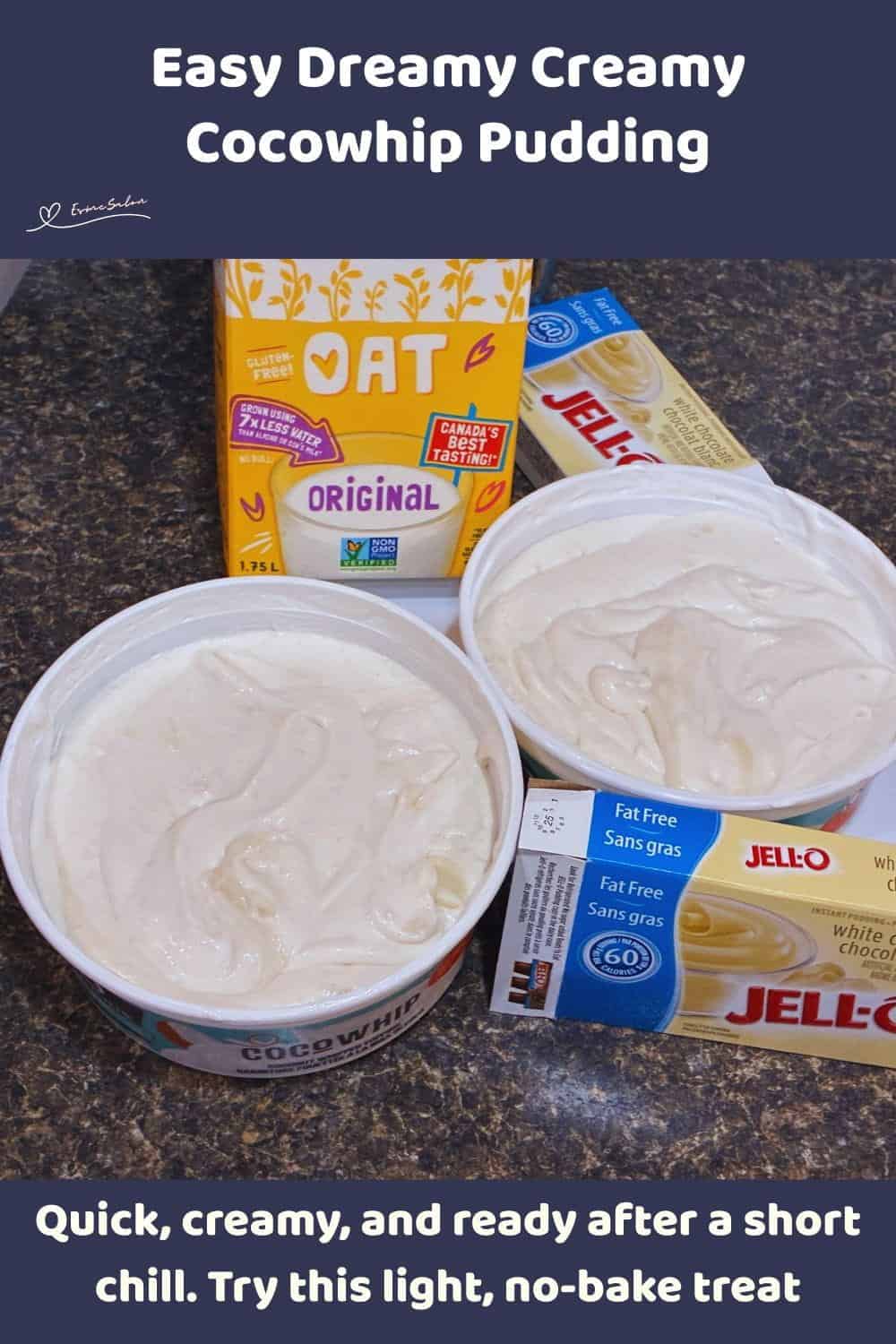 An image of a Creamy Cocowhip Pudding in a small bowl with grapes, slivered almonds and chocolate chips