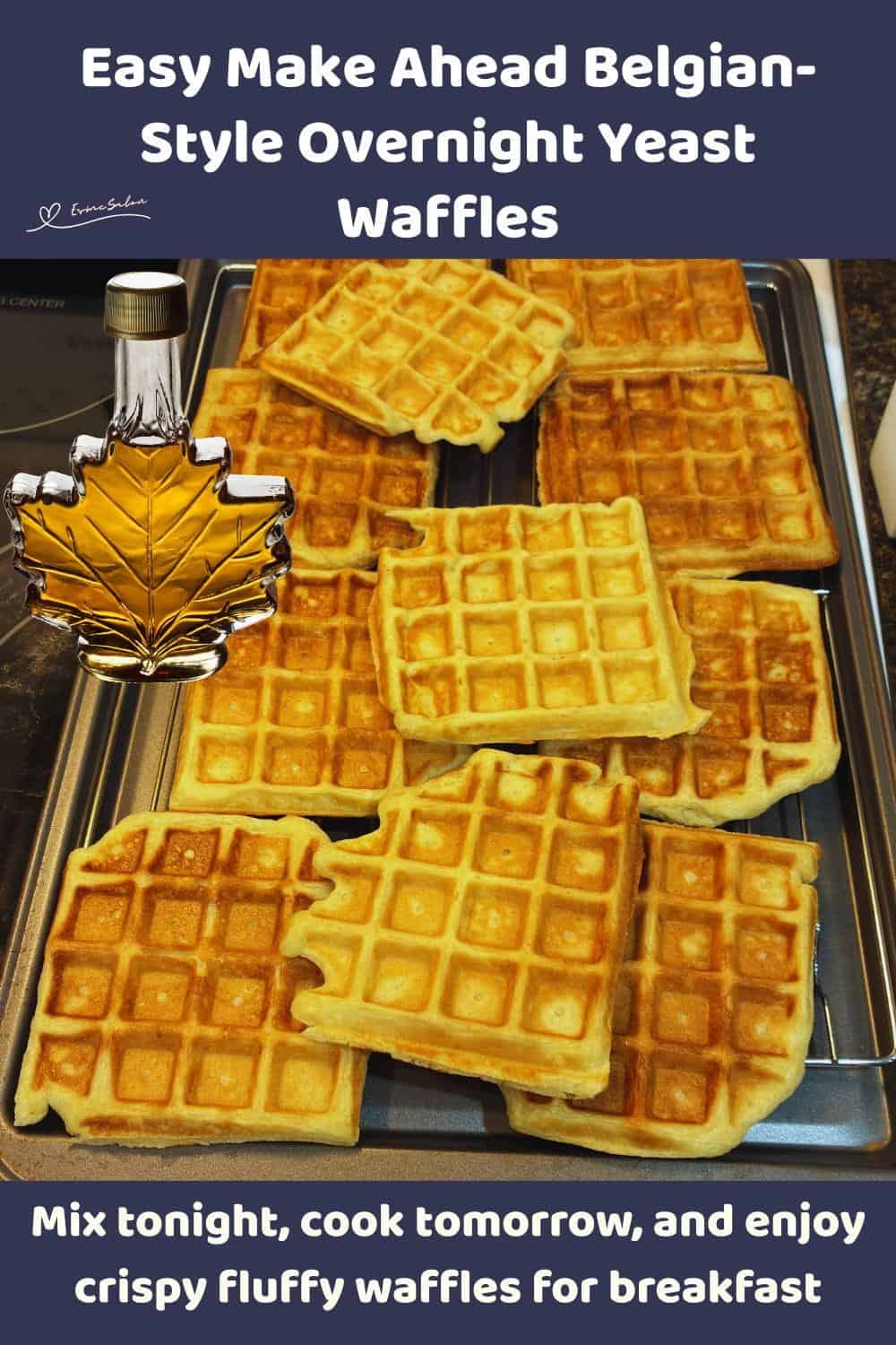 An image of Overnight Yeast Waffles dough, baked waffles and waffles with maple syrup and cream on a white side plate