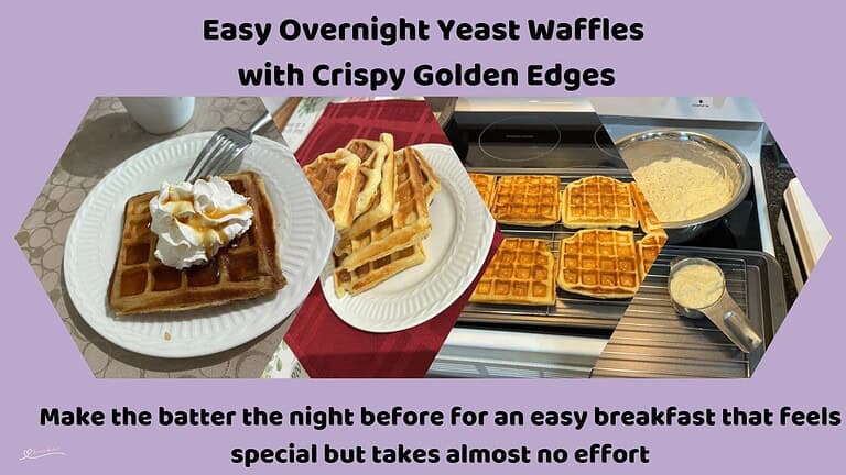 An image of Overnight Yeast Waffles dough, baked waffles and waffles with maple syrup and cream on a white side plate